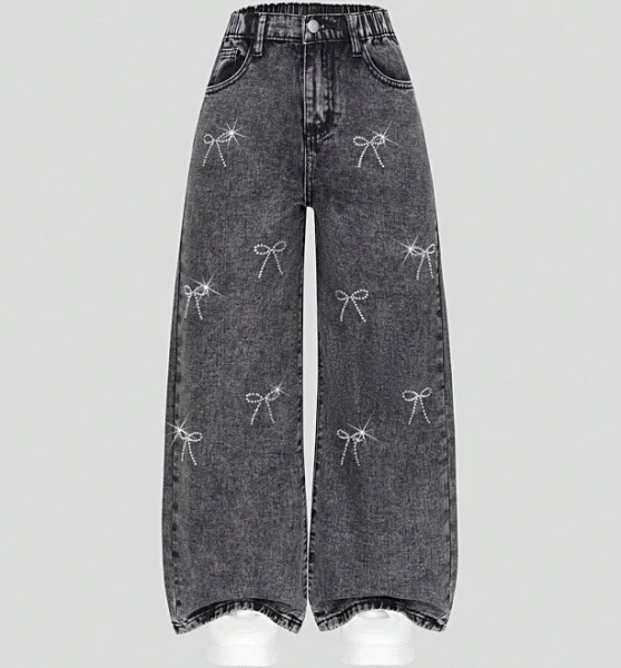 Y2K Loose Wide Leg Jeans with Bow & Rhinestone Decor