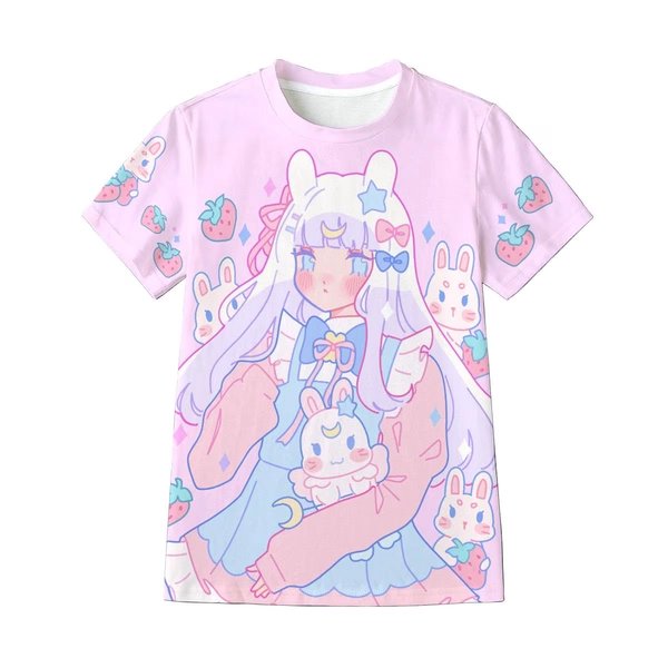 Bunny strawberry girl - Unisex T-shirt (Eco-friendly fabric) - Yume kawaii, fairy kei, cute, pastel pink, anime girl, harajuku - ET20