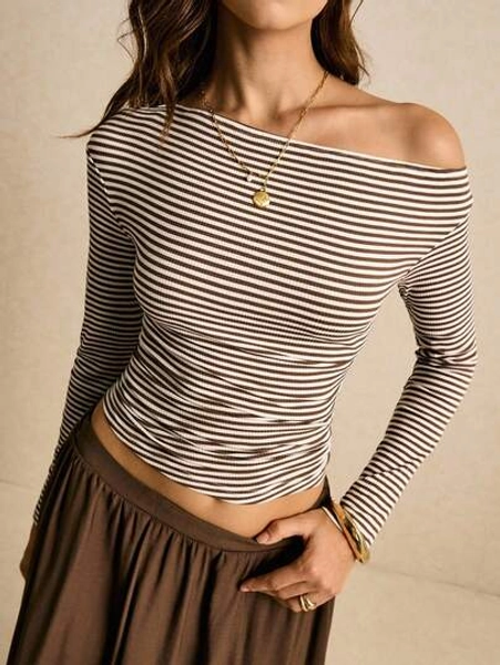 Poéselle Women's Brown Striped T-Shirt Waist Pleats Asymmetrical Shoulder Cropped T-Shirt Casual Basics Going Out New Year Women's Top