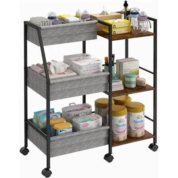 Baby Diaper Caddy Organizer Cart, 3-Tier Rolling Wheels Cart with Dividers and Shelves, Bedside Utility Cart for Nursery Essentials, Large Capacity