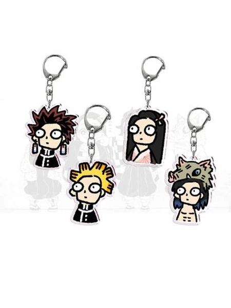 Official Top-Rated 4-Person Team Acrylic Keychain Set - Chibi Big Head Tanjiro Zenitsu Inosuke Nezuko, Kawaii Cute Design, High-Definition Transparent Acrylic, Movie Merch Collectible, Perfect Gift For Die-Hard Fans & Anime Lovers, Ideal Couple Present For Anime-Crazy Couples, Must-Have Cute Bag Charm For Collection - Size Nezumi/Bean