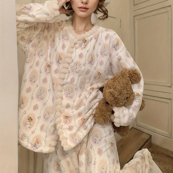 [Cozy Fleece-Lined Pajama Set] Soft Fleece-Lined Cozy Floral Print Women's Pajama Set - Long Sleeve & Pants, V-Neck, Warm Winter Sleepwear with Button Detail, Cute Home Loungewear for Adults | Vneck Pajamas | Fleece Lined Pajamas