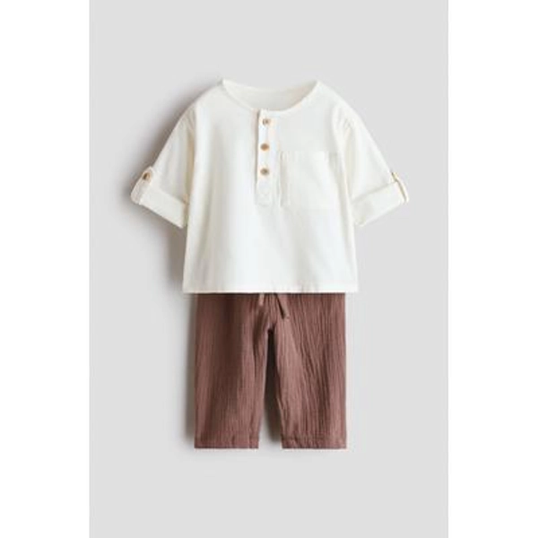 6-9 Months - H & M - 2-piece cotton set - Brown/White