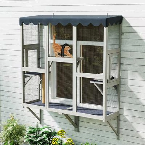 COZIWOW Window Waterproof Wooden Indoor & Outdoor Cat Cage Enclosure with Top PVC Rain Cover, Sturdy Tripod Base & Multi-Level Perches, Gray, 59-in - Chewy.com