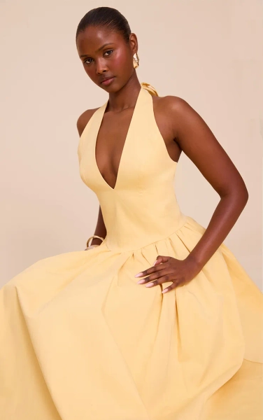 Lemon Halterneck Tie Detail Ruched Midaxi Dress