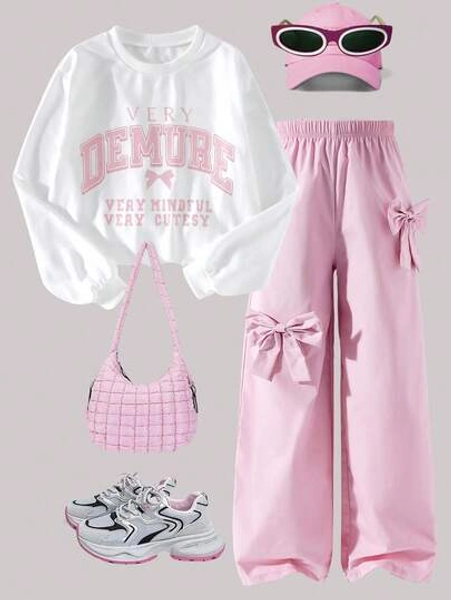 SHEIN 2pcs/Set Teenager (Plus Size) Sweatshirt Outfit, White Round Neck Sweatshirt With Fashionable Contrast Color Print, Paired With Pink Cargo Pants, Featuring A Stylish Bow Accent, Suitable For Casual Outings