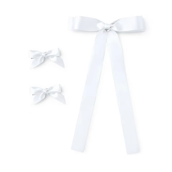 Satin Hair Bows Set of 3, 2 Mini Ribbon Bows and 1 Thick Ribbon Bow with Tails (White)