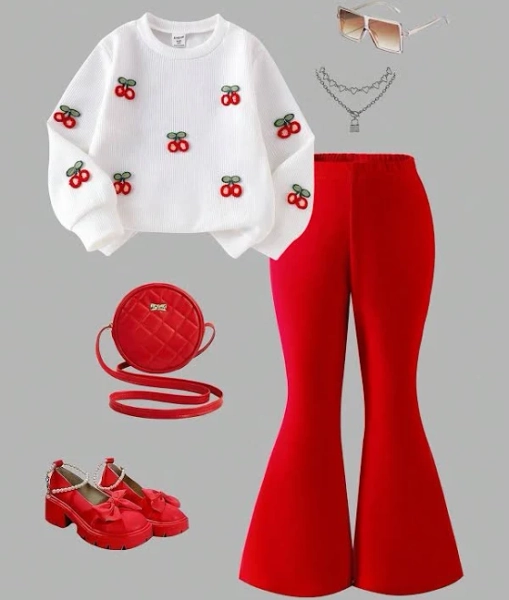 SHEIN Girls' Cherry Print Rib Knit Long Sleeve Top and Flare Pants Suit