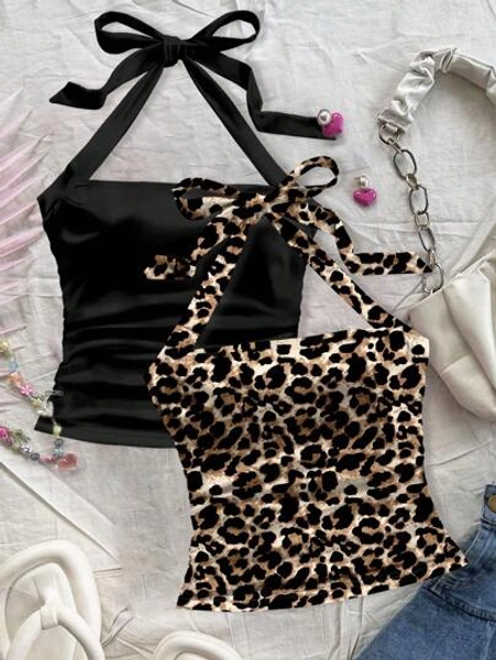Soleia 2pcs/Set Leopard Print Halter Neck Backless Gathered Ruched Summer Camisole Tops For Women Suitable For Going Out