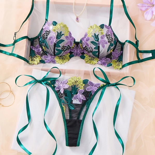 Purple Yellow Contrast Dark Green Floral Embroidery Sheer Lace Lingerie Set Side Tie Thong 2pcs Set