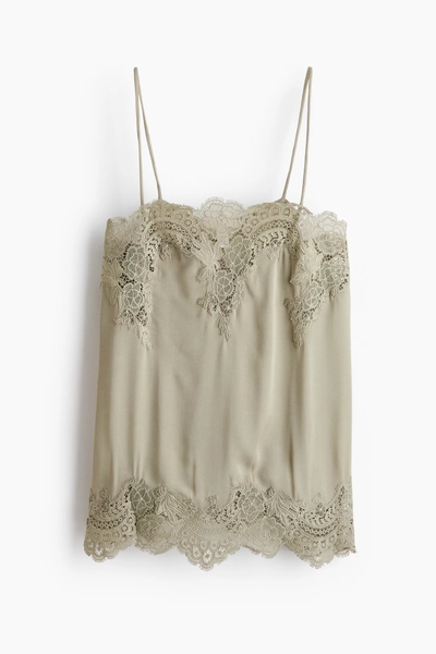H & M - Lace-Trimmed Viscose Top - Sage Green