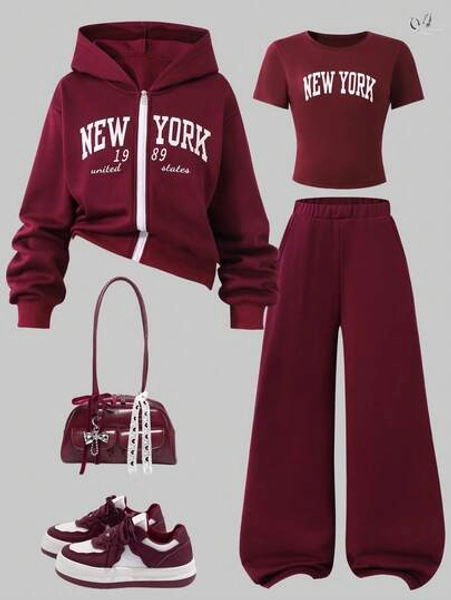 Sparklyn 3pcs/Set Teens Girls Casual Versatile Thermal Lined Zip-Up Jacket & Letter Print Tee & Flared Pants Set, Suitable For Autumn/Winter Outdoor Walking, Shopping, Commuting, Can Be PairPadded Coatn Jacket