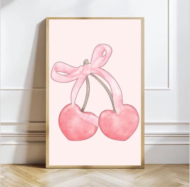 Pink Cherry Bow Wall Art, Preppy Room Decor (PDF)