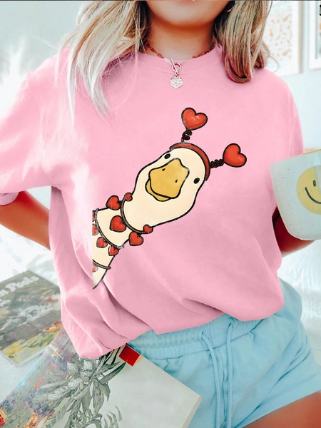 Women's Retro Goose Valentine's Day Print T-Shirt, Short Sleeve Crew Neck Casual Top, Machine Washable, Women's Fashion Valentine's Day T-Shirt, Express Love T-Shirt, Gift For Her