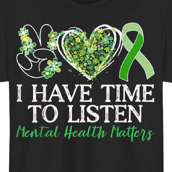 Men's Large Size Mental Health Awareness T-Shirt - Oversized Breathable Streetwear Tee with "I Have Time to Listen" Slogan & Green Ribbon Design, Loose Fit for Running, Cycling, Casual Wear - Suitable for Night Activities and Mental Health