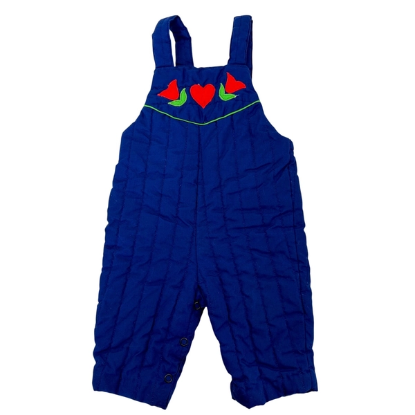 Vintage 80s 90s Baby 3-6 Months Quilted Heart Blue Overalls