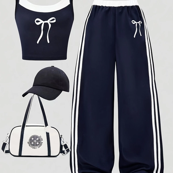 [Girls' Summer Fashion Set] Girls' Summer Fashion Set - 2-in-1 Look Top Design, Camisole Top and Long Pants, Navy Blue Color, Bow Print Design, Pants with Contrasting Color and Three-Dimensional Side Stripe Design, Outfit for Girls' Outings, Daily Wear, Street Style