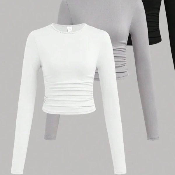 SHEIN Tween Girls 3-Piece Ruched Long Sleeve Knitted T-Shirt Set