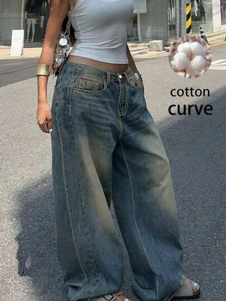 Plus Size Retro Casual Loose Straight Leg Denim Maxi Pants, Fashion & Versatile Spring Fall - Size 1XL