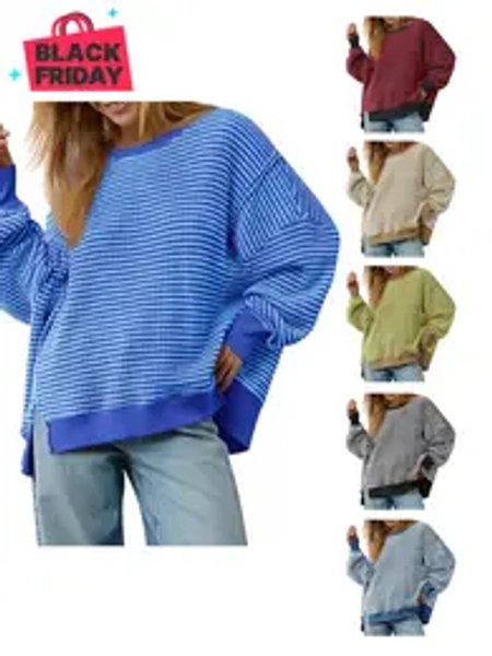 FISOEW Women's Fall Oversized Sweatshirt Casual Waffle Knit Long Sleeve Crewneck Split Pullover Tops Outfits Clothes Loose Knitwear parke mockneck spider graphic Soft Striped Fabric Breathable FallFreshness #TikTokShopBlackFriday #TikTokShopCyberMonday