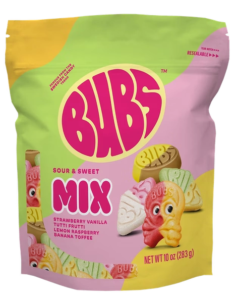 BUBS Swedish Candy Sour and Sweet Gummy Candy Mix, Strawberry Vanilla, Tutti Frutti, Lemon Raspberry, Banana Toffee, Vegan, 10 oz. Gluten Free, Vegan - Walmart.com