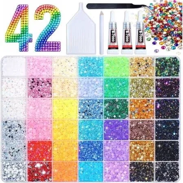 Bedazzling Kit 42 Colors, Bedazzler Kit with 42000Pcs Rhinestones, Tweezer, 3Pcs Jewelry Glue, Dotting Pen and Tray, 3mm Crystal Bedazzle Kits for