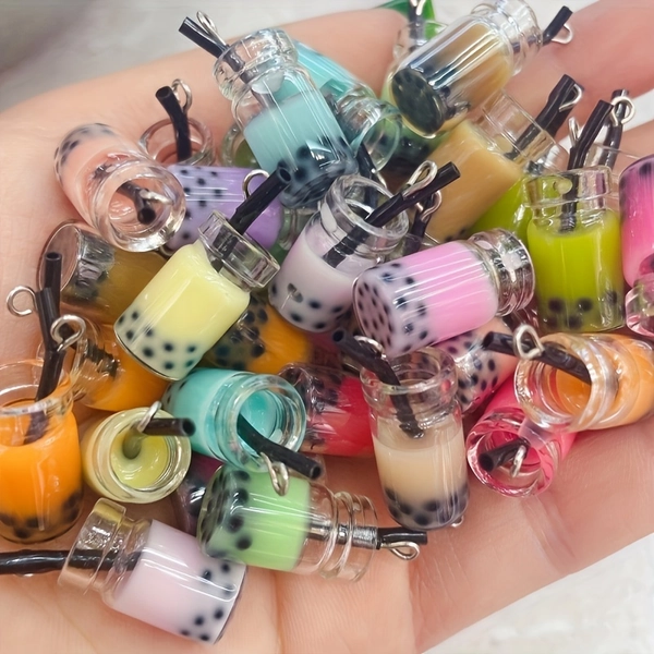 Colorful 30pcs 3D Resin Pendants - Milk Tea & Juice Simulated Design with Black Elastic Cords, Vibrant Translucent Charms for Keychain, Phone Case, Jewelry Making Supplies, Keychain Accessories, Playful Design, Glossy Finish