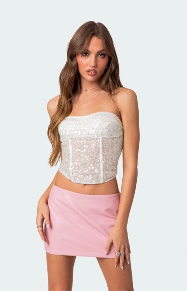 Semi Sheer Sequin Lace Up Corset