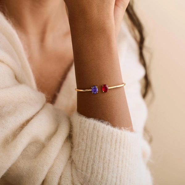 Oval Birthstone Bangle Bracelet, Personalized Two Stone Cuff, Dainty Jewelry gift, Mother Daughter Gift, Couple Bracelet, - Primary color: Gold