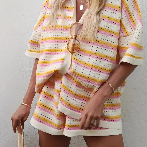 2pcs Spring/Summer New Women's Color Blocked Collar Striped Short Sleeve Shorts Set