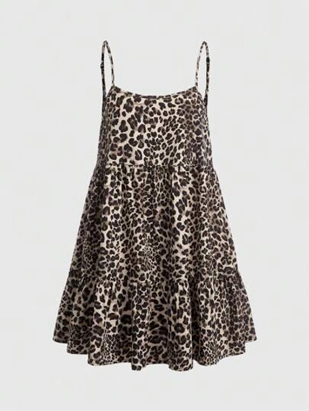 Cute Holiday Leopard Print Backless Leopard Print Doll Mini Dress