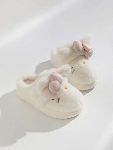 Women's Cute Bow Knot Slippers, Fall & Winter Cartoon Thick Sole Comfortable Cotton Shoes, Sweet Style Home Wear, Plush Upper Material, Fuzzy Warm Slippers, Fluffy Home Slippers