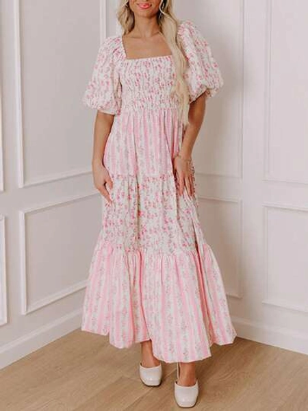 Women's Floral Print Patchwork Pleated Dress With Bubble Sleeves And Square Neck Casual Loose Dress
