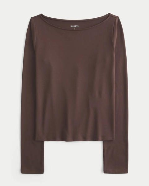 Long-Sleeve Seamless Fabric Slash-Neck Top