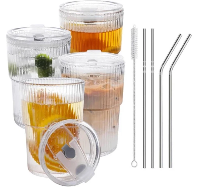 RÉΑLWÁY Iced Coffee Cups with Lids and Straws Set of 4