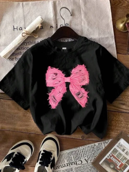SHEIN Girls' Minimalist Bow Graphic Short Sleeve Cotton T-Shirt