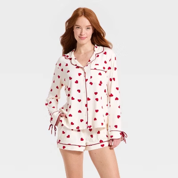 Women's Jersey Long Sleeve Notch Collar Shirt and Shorts Pajama Set - Auden™ Cream Heart XS