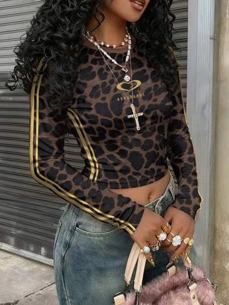 Rovax Vintage Leopard Print Digital Fitted Crew Neck Long Sleeve Women's Spring/Autumn Base Layer Top