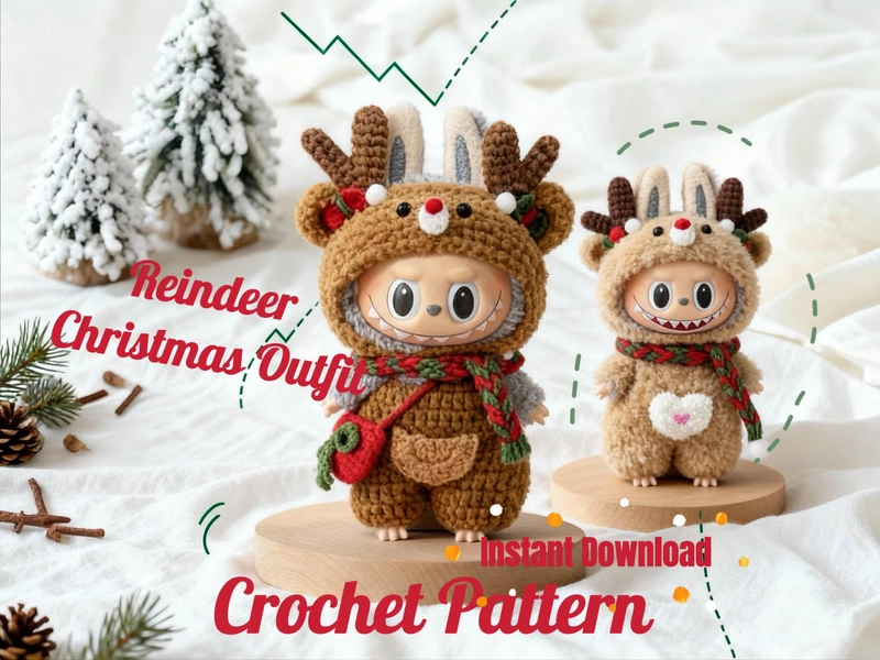 Labubu doll Reindeer Christmas Outfit Crochet Pattern PDF| Hood & Overalls Bag Amigurumi Clothes | Costume