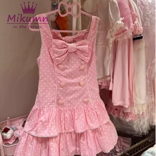 Mikumn Japanese Kawaii Lolita Style Strap Dress Harajuku Sweet Pink Bow Polka Print Mini Dress Women Girls Y2k Party Mini Dress - AliExpress 200000345