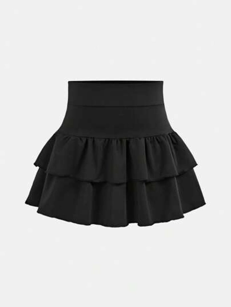 SHEIN Girlism Tween Girls Solid Color Knit Cute Ruffle Layered Built-In Shorts Mini Skirt, Y2K Fashion