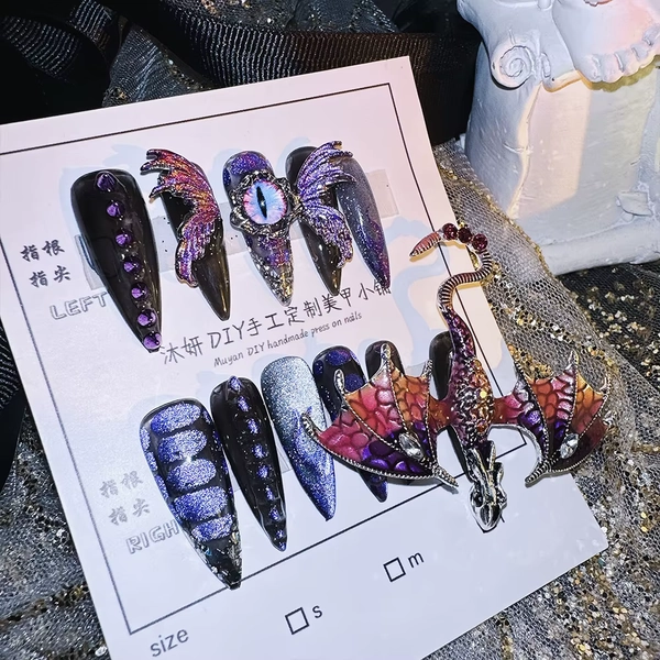 Handmade Press on Nails Heavy Industry Pure Hand-painted Purple Emperor Dragon Exaggerated Super Cool Spicy girl European Americ - AliExpress 