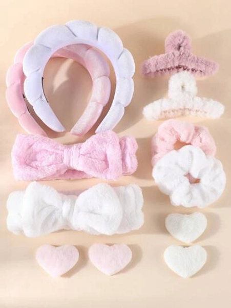 6 Pcs Girls Spa Sponge Headband, Soft Coral Fleece Hairband, Plush Hair Claw Clips, Furry Scrunchies And Fuzzy Heart Hair Clips Hair Accessories Set For Daily Use