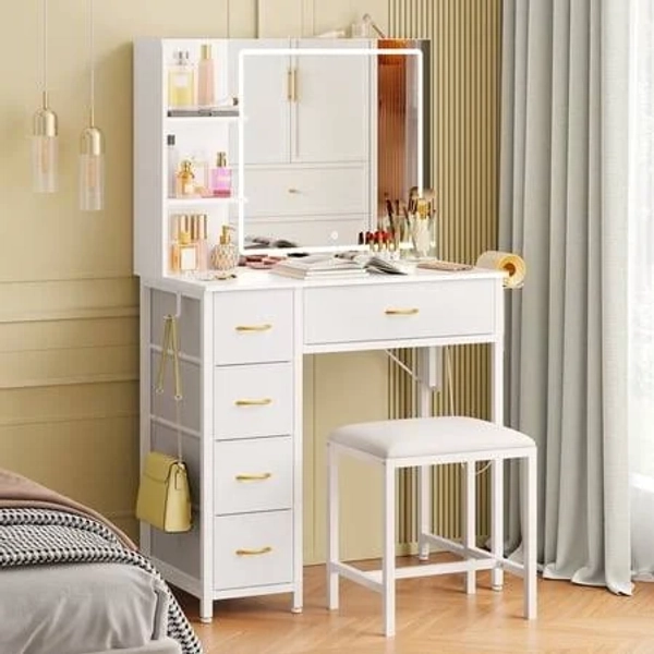 Tomnk Vanity Desk with Mirror Lights, 5 Drawers, Stool, Charging Station, Hooks & Hair Dryer Holder, White, Size: Large