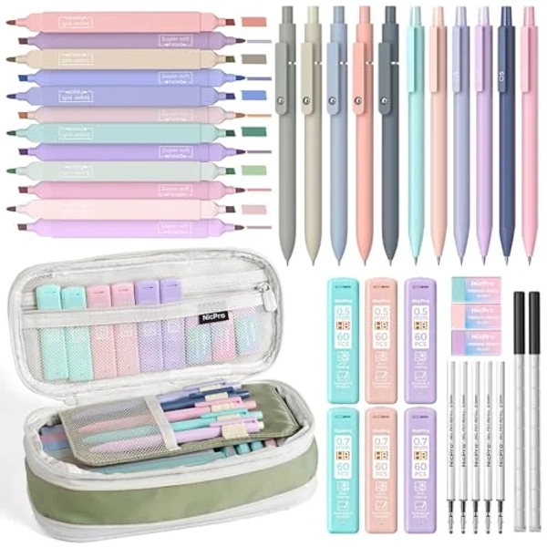 Nicpro 39 PCS Aesthetic School Supplies with Cute Pencil Case, 12 Color Pastel Highlighters, 5 Quick Dry Retractable Black Ink Pens, 6 Pastel Mechanical Pencil 0.5 & 0.7 mm for Student Stationary