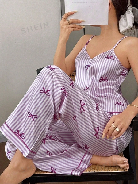 Napfluff Bow Tie & Striped Print Faux Silk Camisole & Pants Women Pajama Set