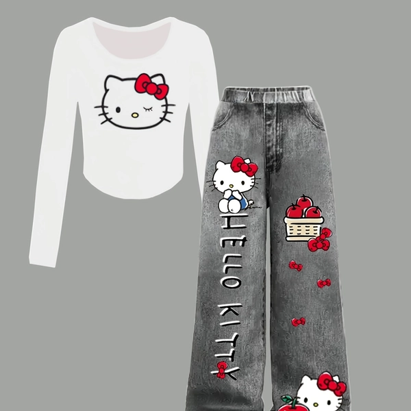 Girls' Casual Round Neck Hello Kitty Cartoon Print Top + Imitation Denim Print Straight Leg Pants Two-Piece Set