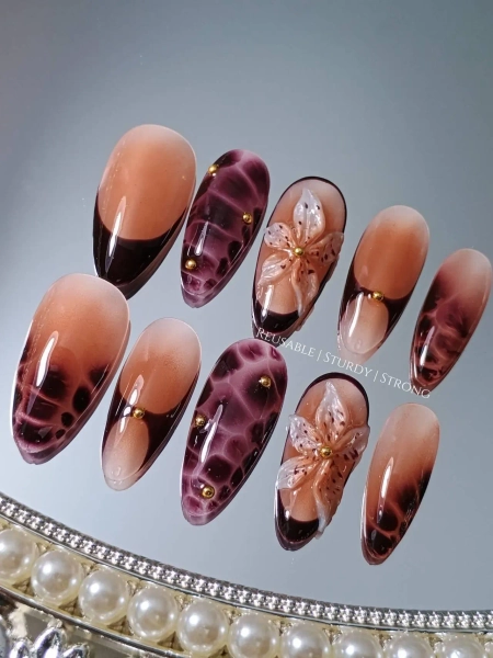 Blissful Chic Brown Orchid Dreams | Press On Nails, Acrylic Nails, Reusable Fake Nails, Custom Nails, Handmade Nails, Flower Nails | xwj64