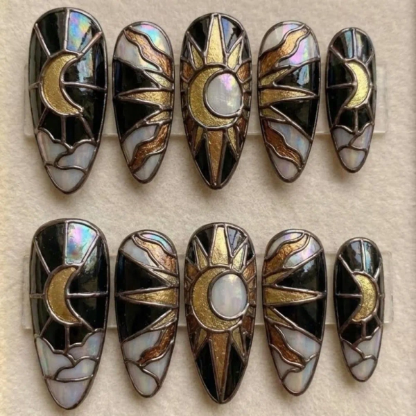 Celestial Stained Glass Luxury 3D Press-On Nails | Black Gold Sun & Moon Mystic Nail Art