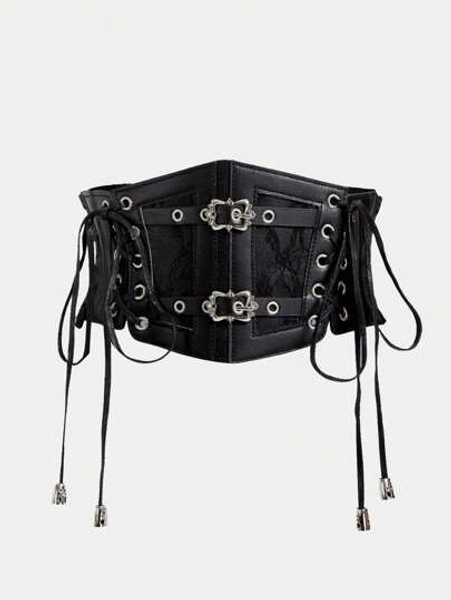 ROMWE Grunge Punk 1pc Black Lace Embroidered Solid Color PU Leather Wide Waist Belt Valentines